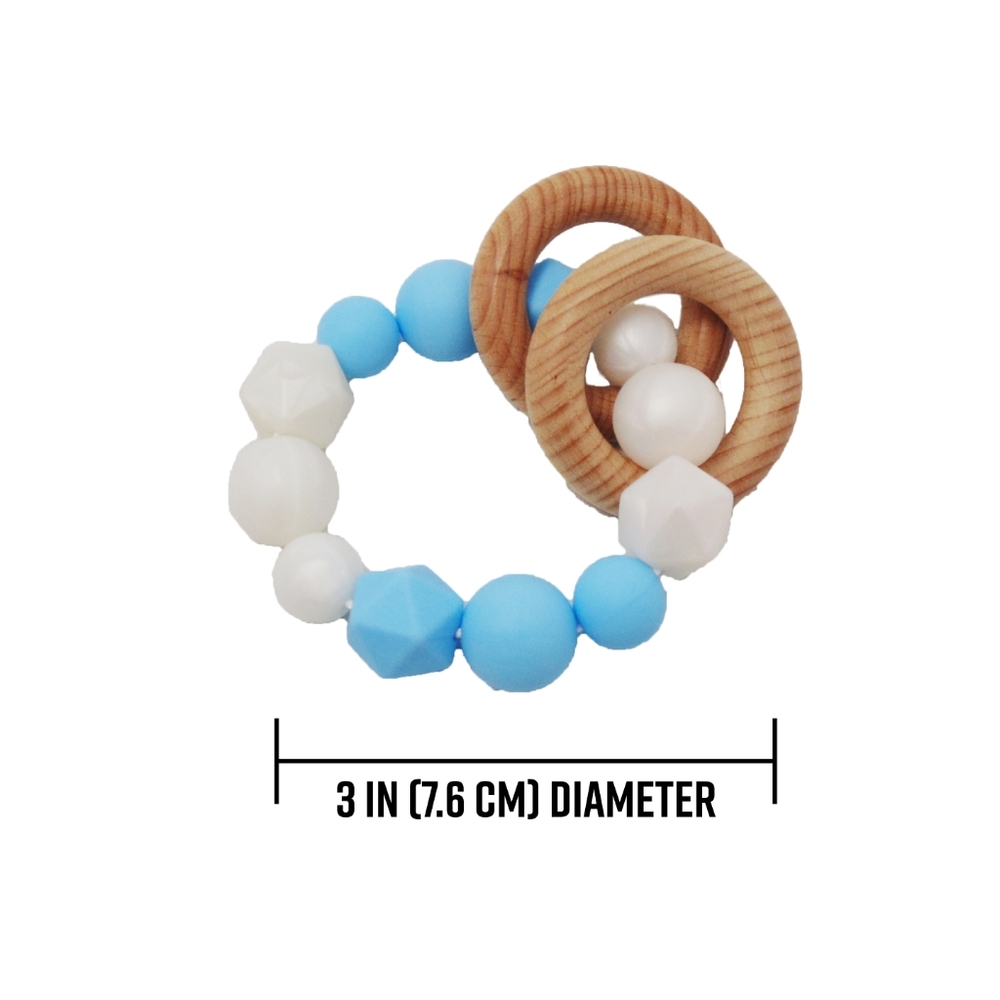 Blue white teething bracelet wooden rings baby boy